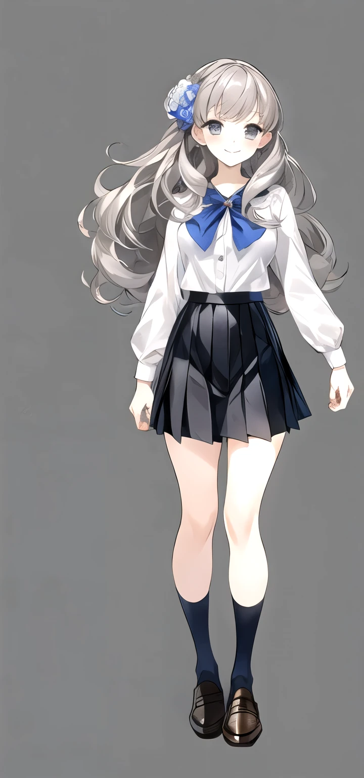 masterpiece, best quality,fuyusaka iori 1, 1girl, solo, hair flower, white shirt, short skirt, pleated skirt, black skirt, shoes, hair ornament, flower, long hair, full body, socks, gray hair, white flower, gray eyes, looking at viewer, white background, middle breast, smile, shameful face, slander, standing, loafers, cowboy shot