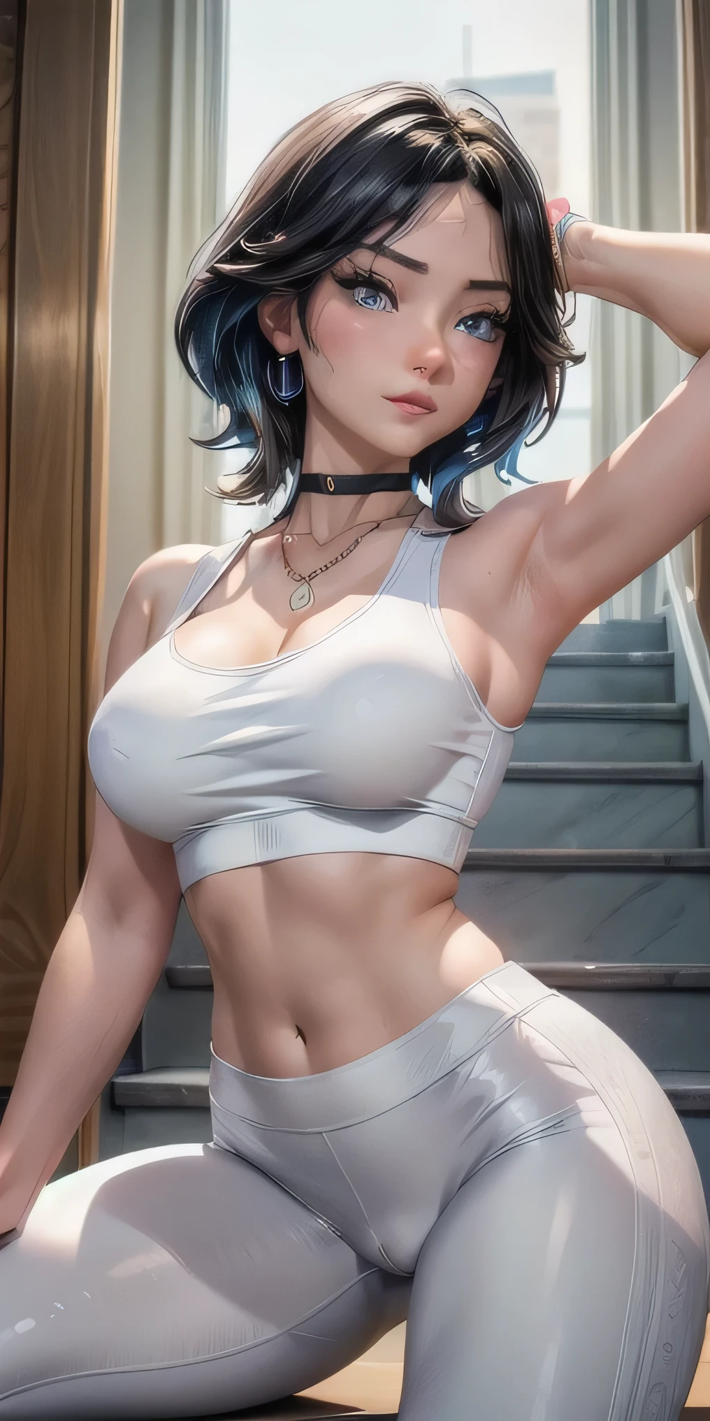 Perfect body, perfect abdomens, perfectly round butt ((cute and beautiful Ino Yamanaka)) (beautiful and perfect hair), (Black hair), beautiful detailed blue eyes, double eyelids, detailed iris, light effect on the eyes, necklace, earrings, choker, accessories, makeup, ((Blue sleeveless crop top, light White short yoga pants, delicate red fabric, cool)), ((camel toe)), ((hyper detailed, 16k, masterpiece, hyper realistic, perfect lighting, light and shadow effect on skin, sharp focus, 8K UHD, SLR camera, soft lighting)) perfect lips, red lips, clear skin, bedroom less, happy, top beauty woman , beautiful and sensual woman, is in love, ((Ino Yamanaka)) ((variable sensual poses on the stairs of the building)), blurred background.
