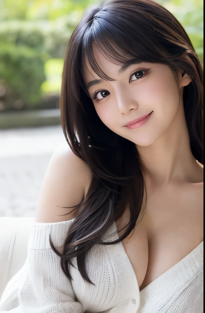 Japanese beauty with medium-long hair、White off-shoulder knit、Her chest is a C cup、Beautiful cleavage、Black Hair、black eye、Fold your arms under your chest、Age is 27 years old、Big eyes、Window、Focus on the model、Line up side by side、A big smile、Double eyelids and droopy eyes、Both hands in front、Open your mouth、