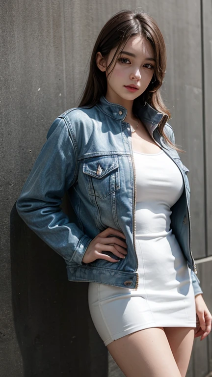 solo , 1girl , white leather dress , big breast , American girl , blue jacket