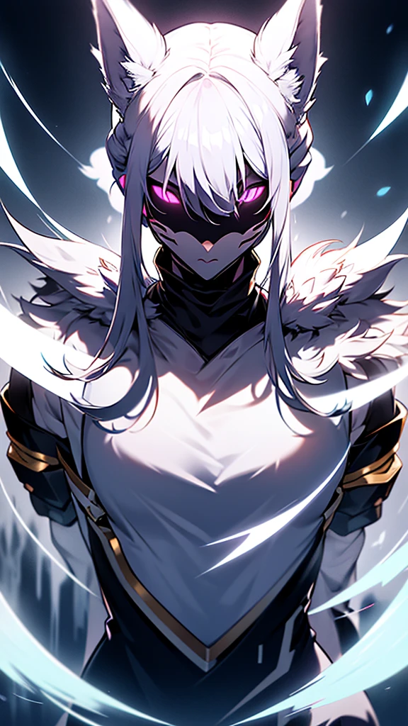 White hair, ethereal aura, serenity, wielded bow, light garments, spectral wolf, fierce nature, visual duality, soul hunters, smooth transition, agile posture, intense expression, light tones, dark tones, black facial mask.