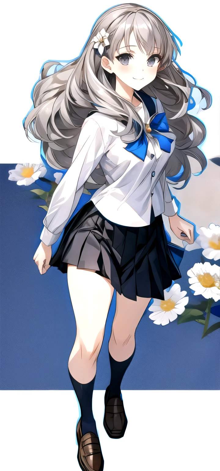 masterpiece, best quality,fuyusaka iori 1, 1girl, solo, hair flower, white shirt, short skirt, pleated skirt, black skirt, shoes, hair ornament, flower, long hair, full body, socks, gray hair, white flower, gray eyes, looking at viewer, white background, middle breast, smile, shameful face, slander, standing, loafers, cowboy shot