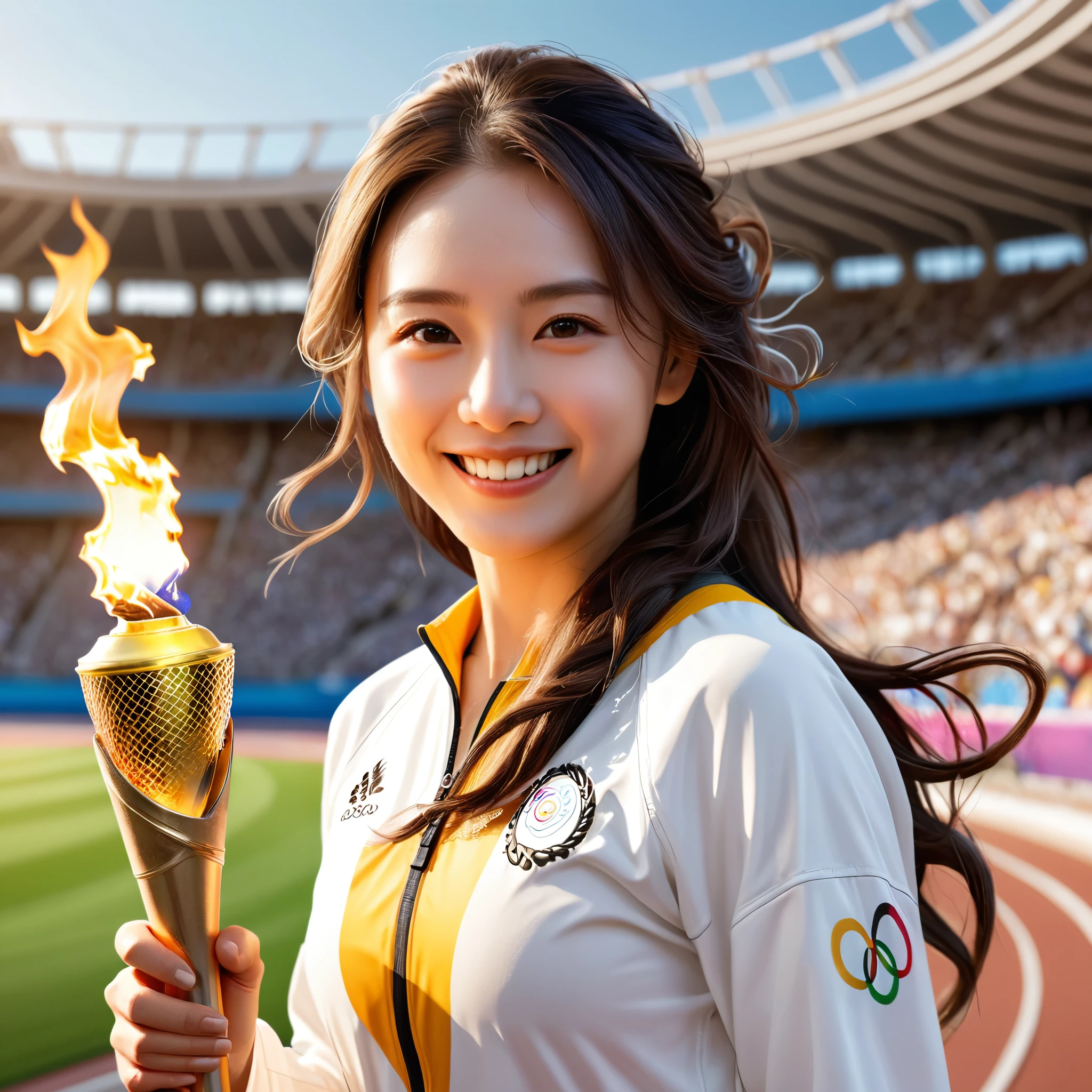 Woman holding the Olympic torch、smile、gratified、Cowboy Shot:1.4、masterpiece、Photorealistic、8k、Hyperrealistic、Very detailed、Intricate details、Bright colors、Dramatic lighting、Dynamic pose、Athlete-like figure、Intense expression、Flowing Hair、Olympic Stadium in the background、Cinematic composition