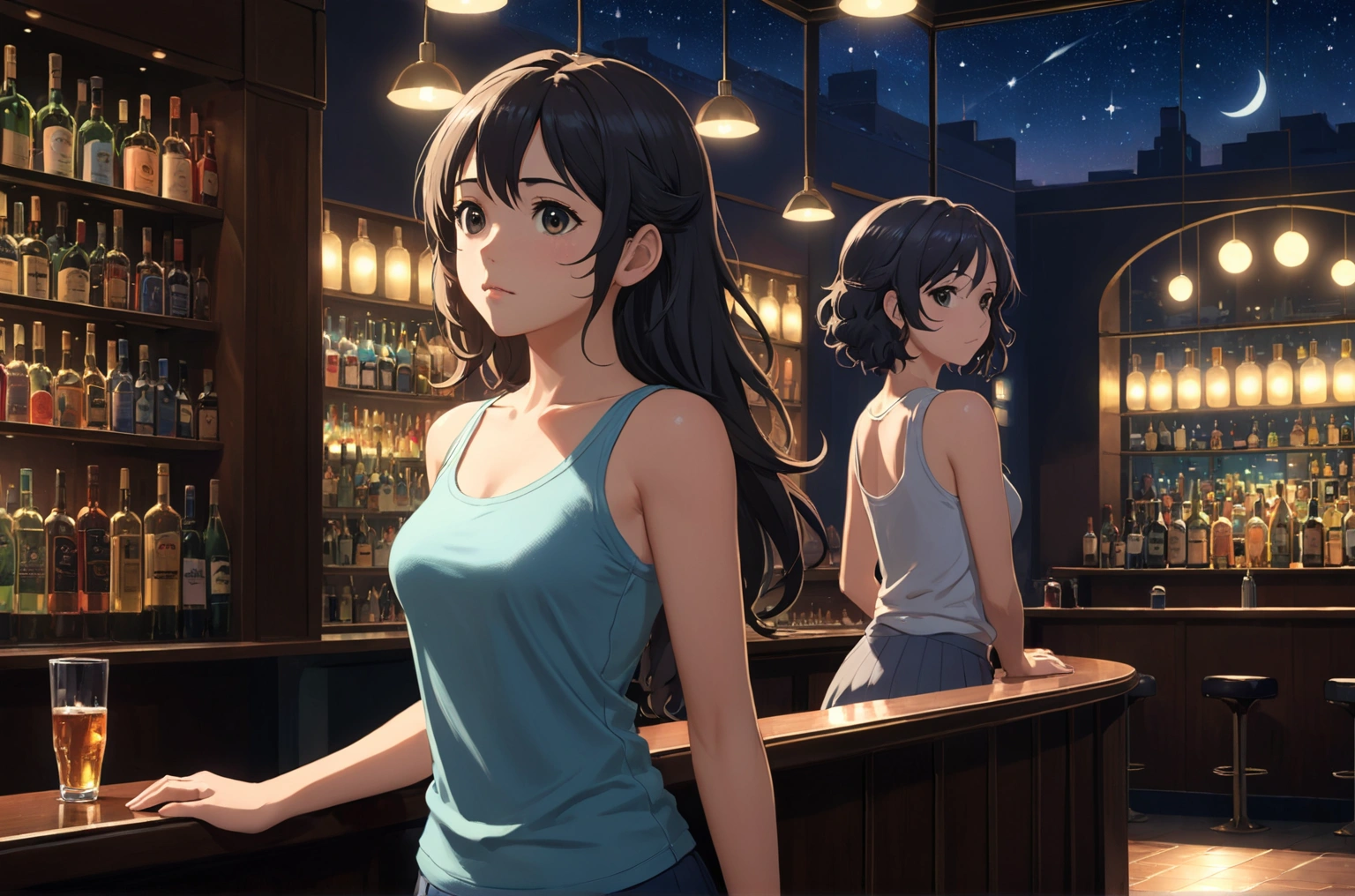 Uses Makoto Shinkai's depiction perfectly,Portrait of Halie Loren,8k 4k masterpiece photo ,London,A jazz bar with a glass ceiling,The twinkling stars can be seen through the glass windows.,It's a dark night outside,Jazz is playing,True profile、Beautiful in profile,Semi-long hair,Look in a different direction,Standing alone at the counter,Tight-fitting tank top,Bust is medium,Same character as before、At the same store as before