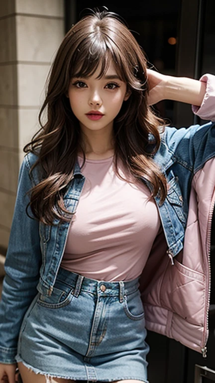 solo , 1girl , pink leather dress , big breast , American girl , blue jacket