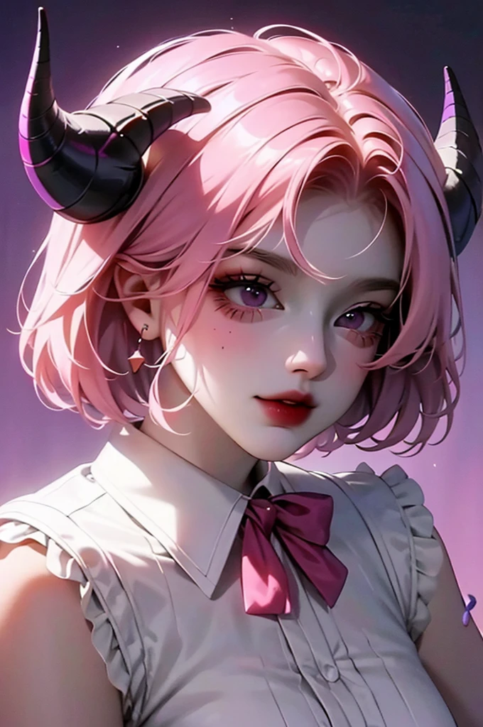 butler outfit, short pink hair, hypdertailed, purples eyes, ashen skin, demon, claws, goat horns, bangss, gothic art, full body shot shot, elegant pose, ssmile, Romanticism, work of art, anatomically correcte, high qualiy, super detaill, best qualityer, 4K, 8k, Perfect Woman, the most beautiful woman, her face has to be symmetrical and beautiful, baby pink hair