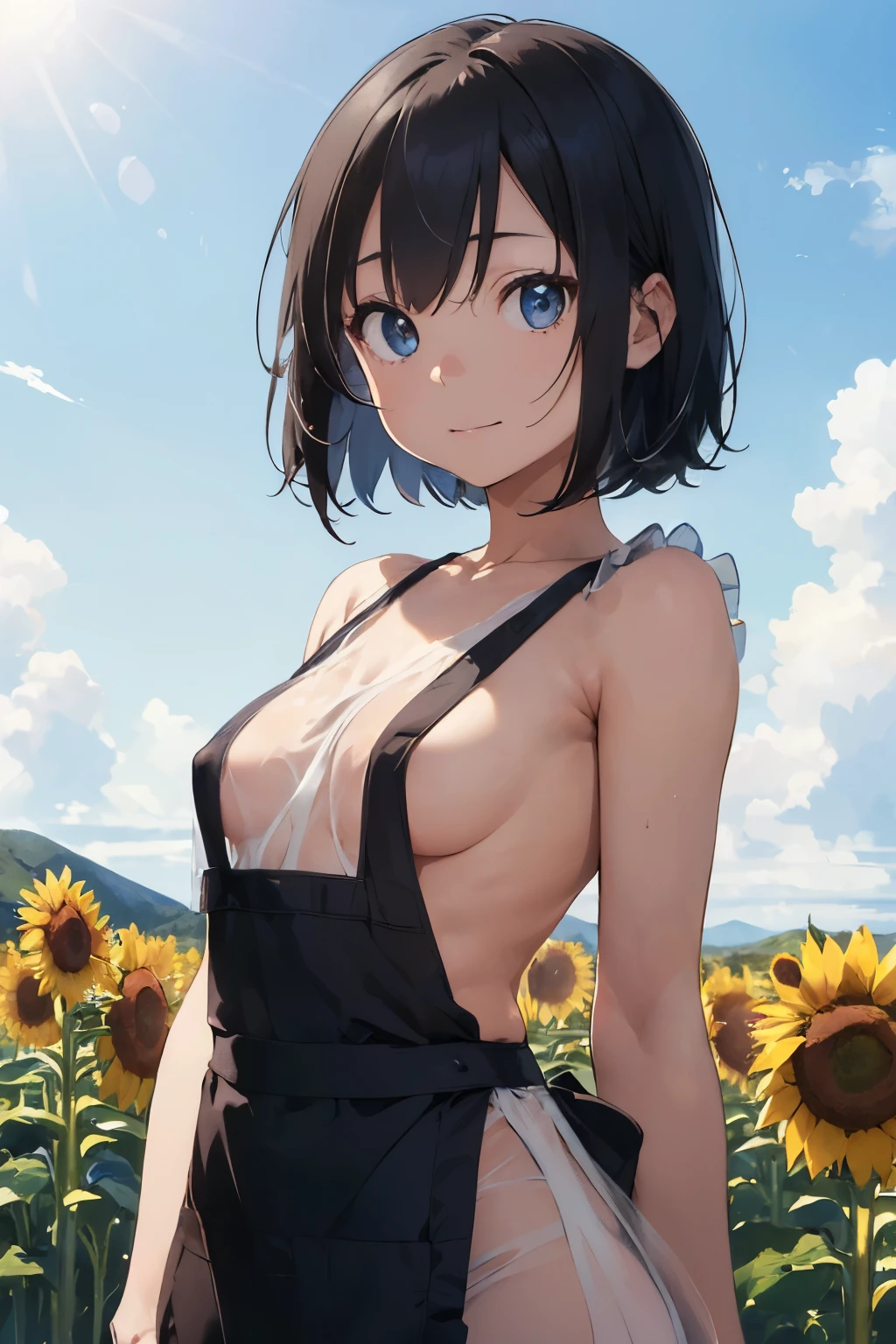 ((Highest quality)), ((masterpiece)), (detailed), (Japanese),, Black Hair,(Childish face), (bob hair), Girl ,Medium Breasts,  (topless),(Naked), ((Blue eyes)),half-smile , Sunlight, from_behind, ((arched back)), (extreme_close_up) ,upper body ,Sunflower field ,(Naked Apron),Frill apron,((white See-through)),