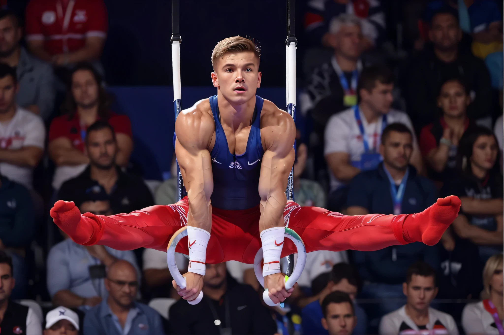 (1boy, photorealistic:1.4, ultra realistic, masterpiece:1.2, best quality, 4k), young olympic male gymnast performing on rings in front of a crowd, andrea savchenko, daniil kudriavtsev, acrobatic, jakub gazmercik, kacper niepokolczycki, his arms and legs are hanging, raphael personnaz, nikolay georgiev, photo from the olympic games, acrobat