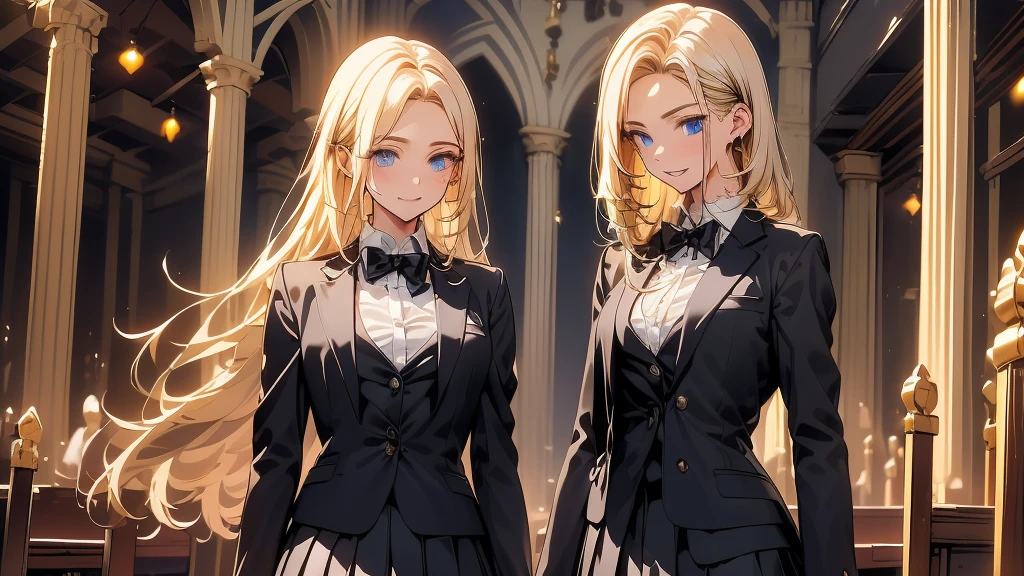 (Highest quality)(1 female,single,Long Hair,Bright yellow hair,blue eyes,Sexy appearance ,Black Suit Shirt,Black Skirt,Facing the audience,ยืนอยู่ในchurch,Beautiful lighting.(church, Look in the mirror, Detailed Background (Less light pollution)) look back
