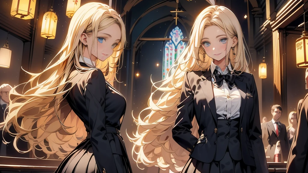 (Highest quality)(1 female,single,Long Hair,Bright yellow hair,blue eyes,Sexy appearance ,Black Suit Shirt,Black Skirt,Facing the audience,ยืนอยู่ในchurch,Beautiful lighting.(church, Look in the mirror, Detailed Background (Less light pollution)) look back