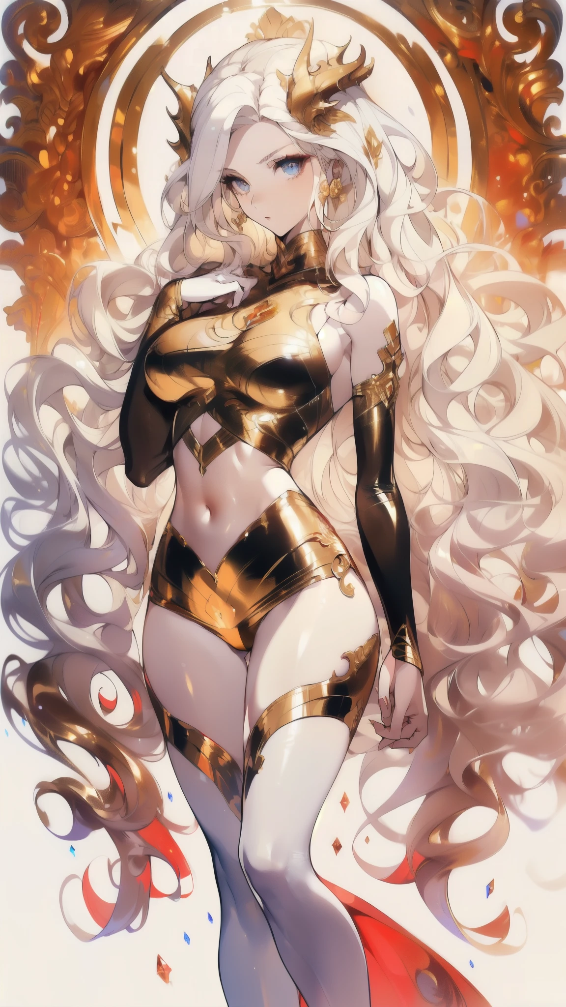 ((masterpiece, best quality)), Delicate face,Dragon Girl,Full body painting,Perfect body proportions,Long legs,((Long wavy hair)), ((Half of her hair is white,The other half is gold,Available in two colors)),beautiful eyes,Fantasy style,White background,Extremely beautiful,knight,Rose,transparent,Sexy bikini,Lace,exposed