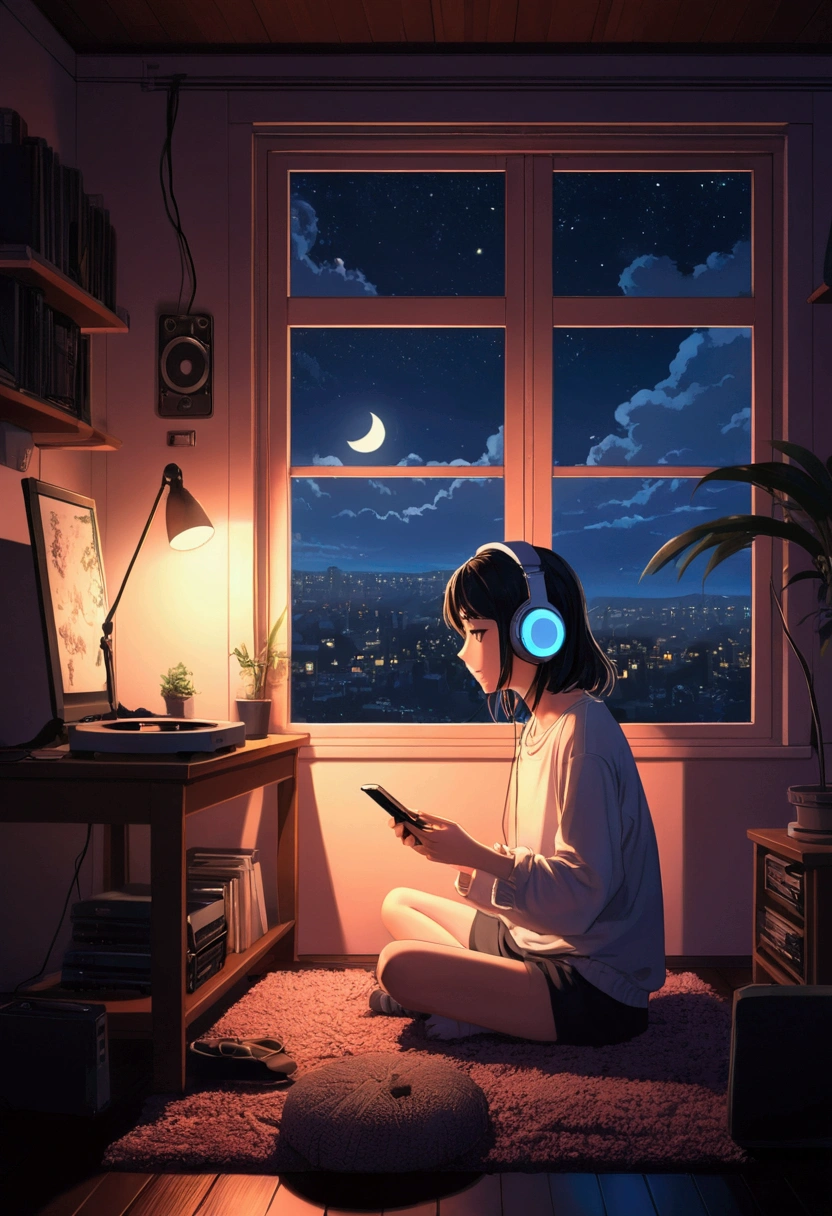 night、Girl listening to music in a cozy room, Use headphones, 2D Style Anime, Lo-Fi, hard disk, Dark Environment
