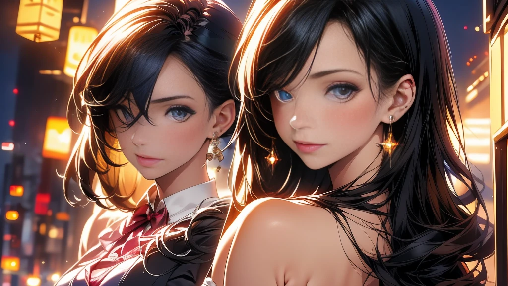 fourth of july ,block party, night, fireworks (Two beautiful girls holding a banner with text "happy", "july", "fourth"," ❤️") connie maheswaran (left side, Fit woman with dark skin, an oblong-shaped face, vivacious black eyes, a narrow convex hooked nose, perfect square body, black eyes, long black hair, toned, curvy hips, dragonbraid and a firm chest wearing a blue stars and black stripe print summer dress ); and sassy ( right side, an african-american-Caribbean woman, voluptuous, curvy, strong, shortie, sensuously cool, braided black hair, soft heart-shaped face, concaved Nubian button nose, heart-shaped physique, heart hips, glasses, heterochromia wine and brown eyes. Wearing a orange stars and black stripe print mini summer dress), Perfect characters perfect hands, perfect Face, perfect eyes, perfect physiques, dynamic perspective, ultra absurdres, ultra-detail, screencap, beautiful aesthetic, extravagant composition, hdr, uhd, sharp gradients, deep highlights, 8k, 2.5d, cel-shaded, ray tracing, masterpiece, best quality, high extravagance, high exposure, depth of field, ultra background, detailed smooth textures,