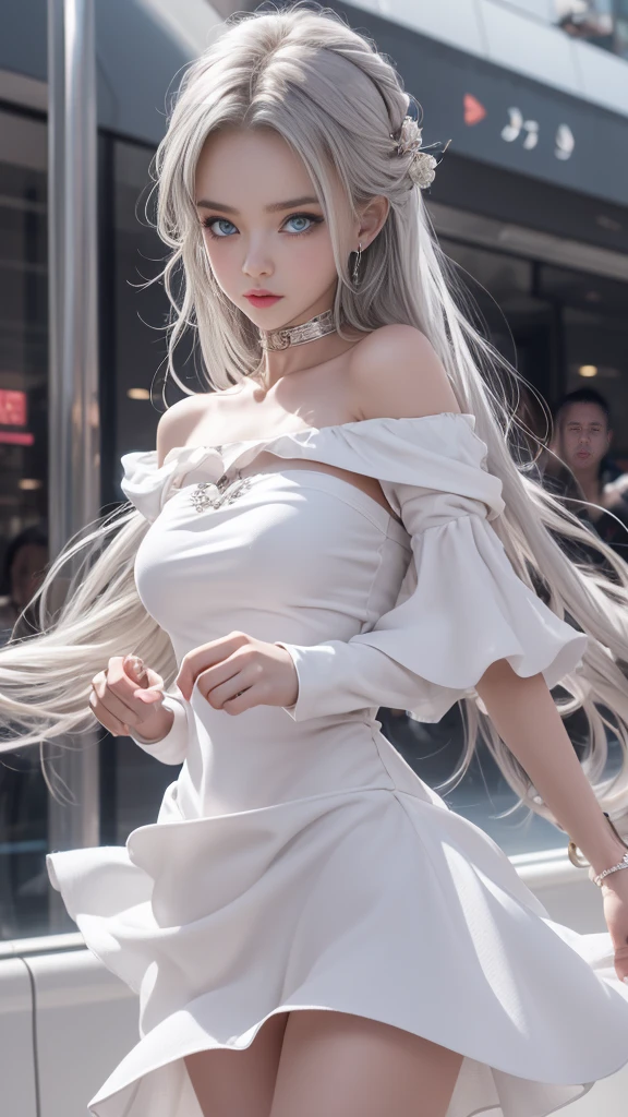 double whirlwind pattern design garment,Iris heterochromatic pupil,silver-haired girl,free high resolution,off shoulders、Off-the-shoulder semi-transparent pure white dress