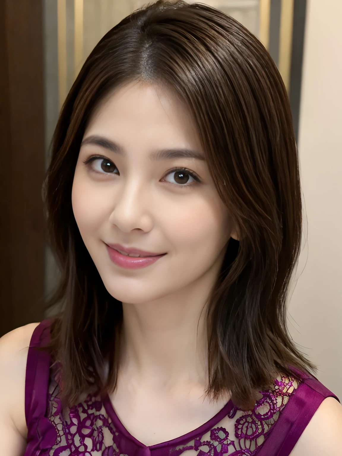 (Raw Photo), (Photorealsitic), (Masterpiece), (Best Quality), High Resolution, 8K, (Intricate Details), (Voluminous Light), Portrait, Female, (50 Years Old), Medium Straight Hair, layered hair, brown hair, very fine eyes, source order, very fine eyebrows, very fine skin, very fine mouth, very fine nose, cute like an idol, happy smile, (thick lips), (looking at the viewer), (Elegant Transparency Magenta Short Sleeve dress), waist shot, (Random body orientation),