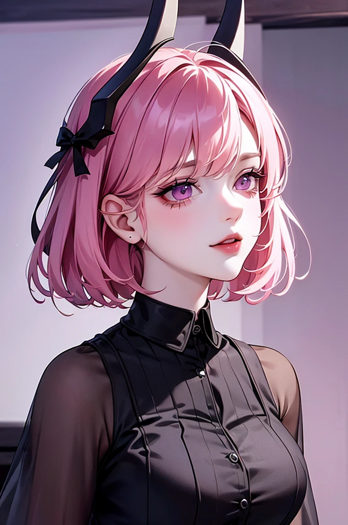 butler outfit, short pink hair, hypdertailed, purples eyes, ashen skin, demon, claws, goat horns, bangss, gothic art, full body shot shot, elegant pose, ssmile, Romanticism, work of art, anatomically correcte, high qualiy, super detaill, best qualityer, 4K, 8k, Perfect Woman, the most beautiful woman, her face has to be symmetrical and beautiful, baby pink hair