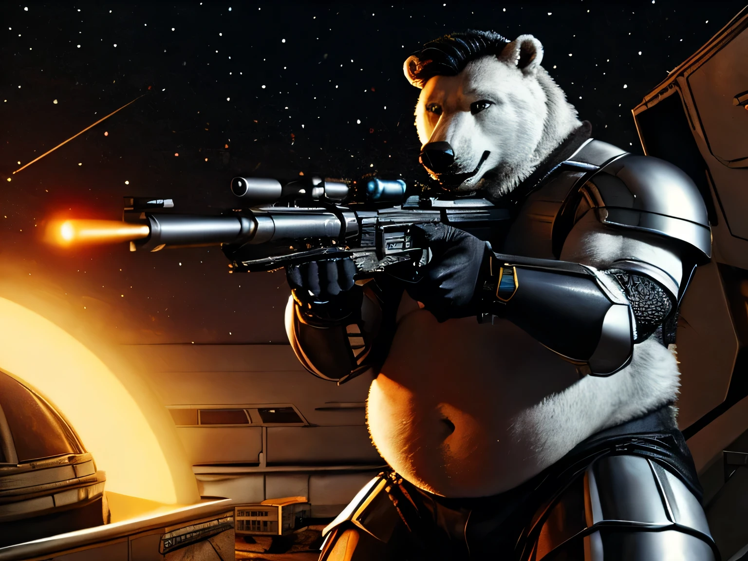 Polar bear, chubby, belly, hyper realistic, muscular arms, thick thighs, long black hair up, black beard, silver futuristic armor, with a futuristic sniper, Shooting, scene from an 80s sci-fi movie 