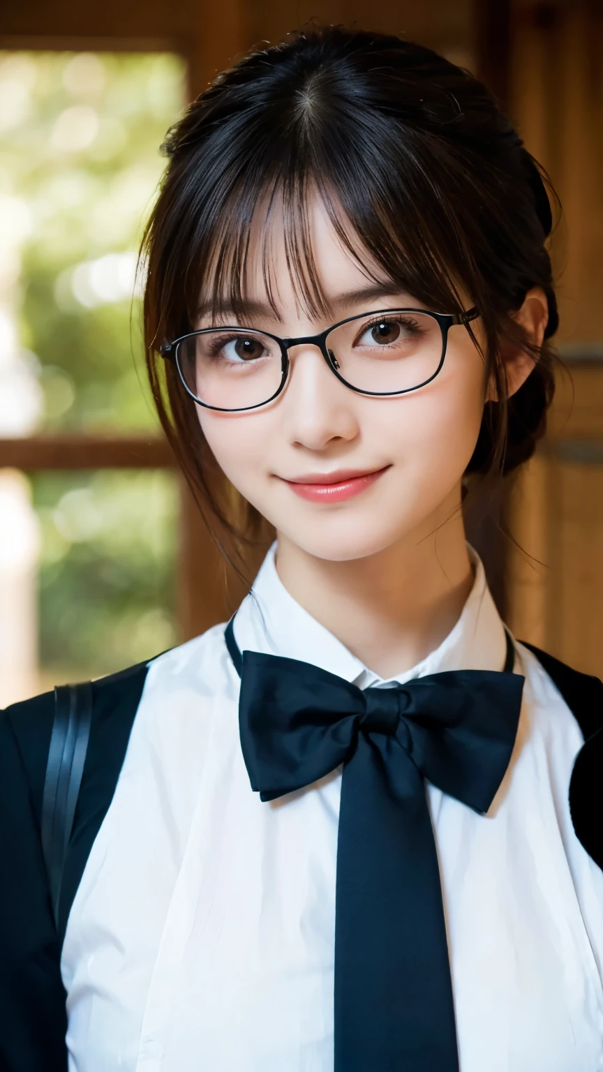 (Highest quality,masterpiece:1.3,Ultra-high resolution),(Very detailed,Caustics,8k),(Realistic:1.4,RAW shooting),A girl dressed as a butler,Japanese,boyish,smile,20-year-old,Short black hair,Glasses,Looking into the camera,Inside the Western-style building,Waist up shot,front,Face Focus,Face close-up,(Warm Light),Professional Writing