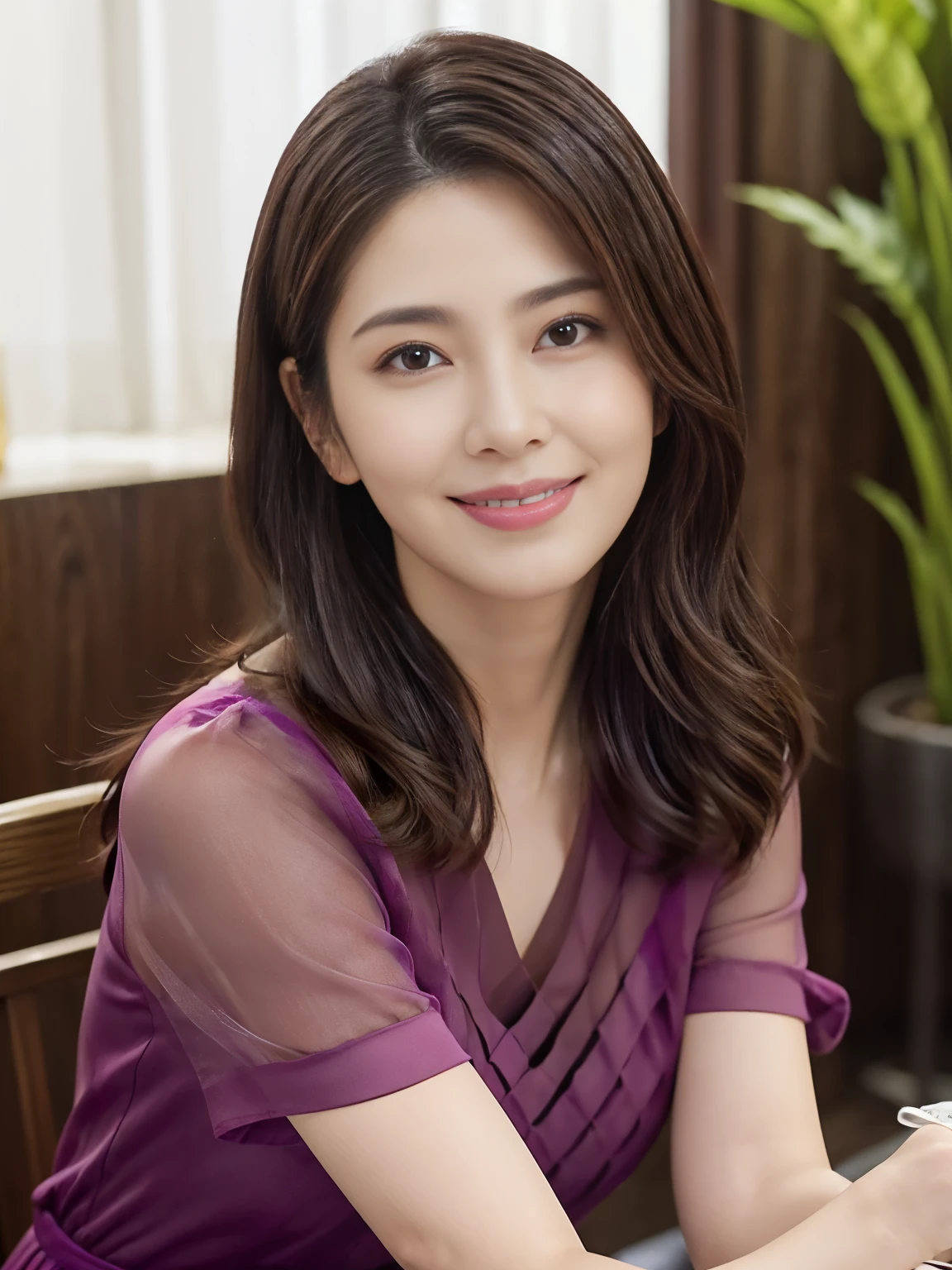 (Raw Photo), (Photorealsitic), (Masterpiece), (Best Quality), High Resolution, 8K, (Intricate Details), (Voluminous Light), Portrait, Female, (50 Years Old), Medium Straight Hair, layered hair, brown hair, very fine eyes, source order, very fine eyebrows, very fine skin, very fine mouth, very fine nose, cute like an idol, happy smile, (thick lips), (looking at the viewer), (Elegant Transparency Magenta Short Sleeve dress), waist shot, (Random body orientation),