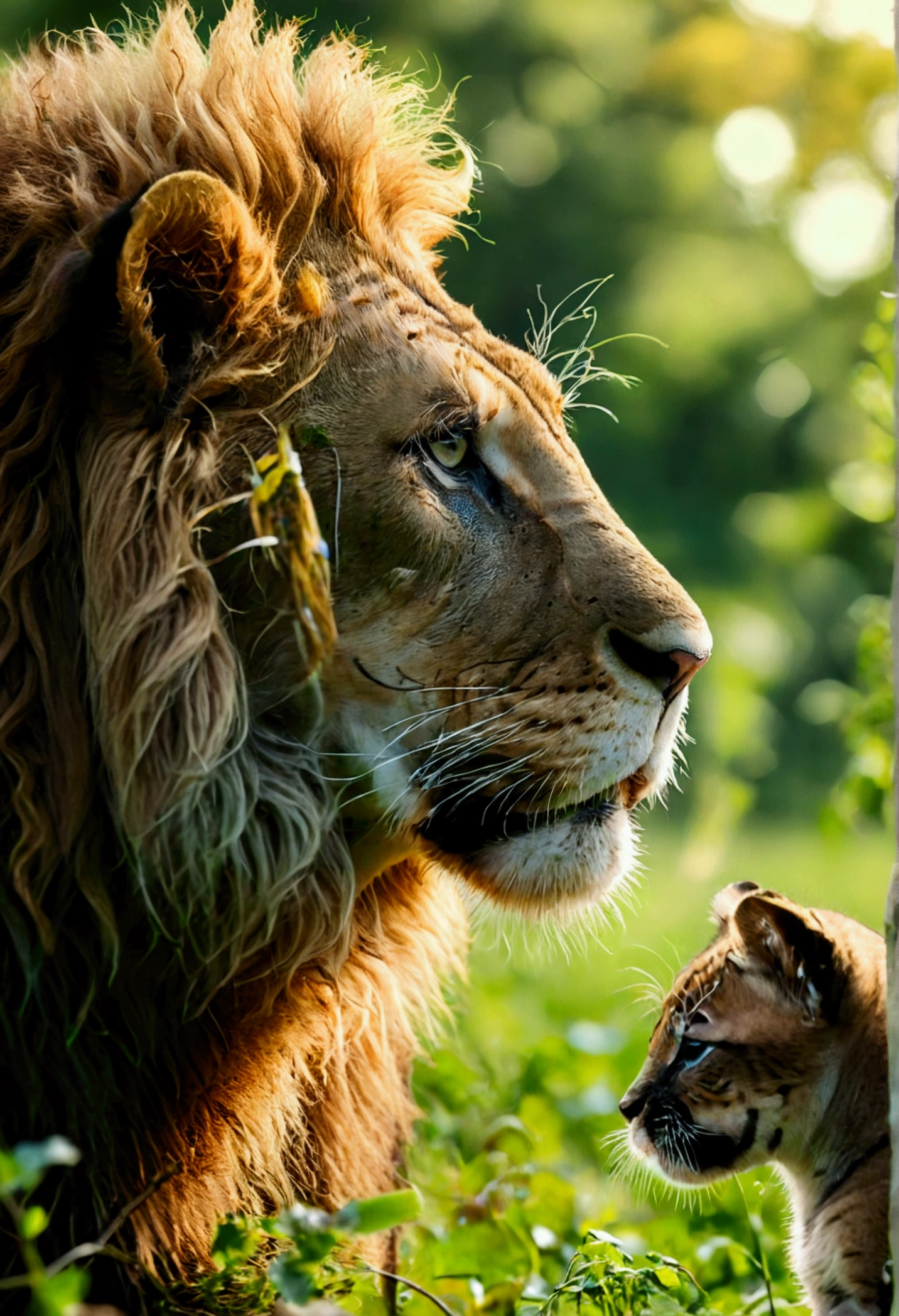 A beautiful lion , next to a lion , watching your puppies playing in a beautiful green field full of trees , and a beautiful side close to the trees