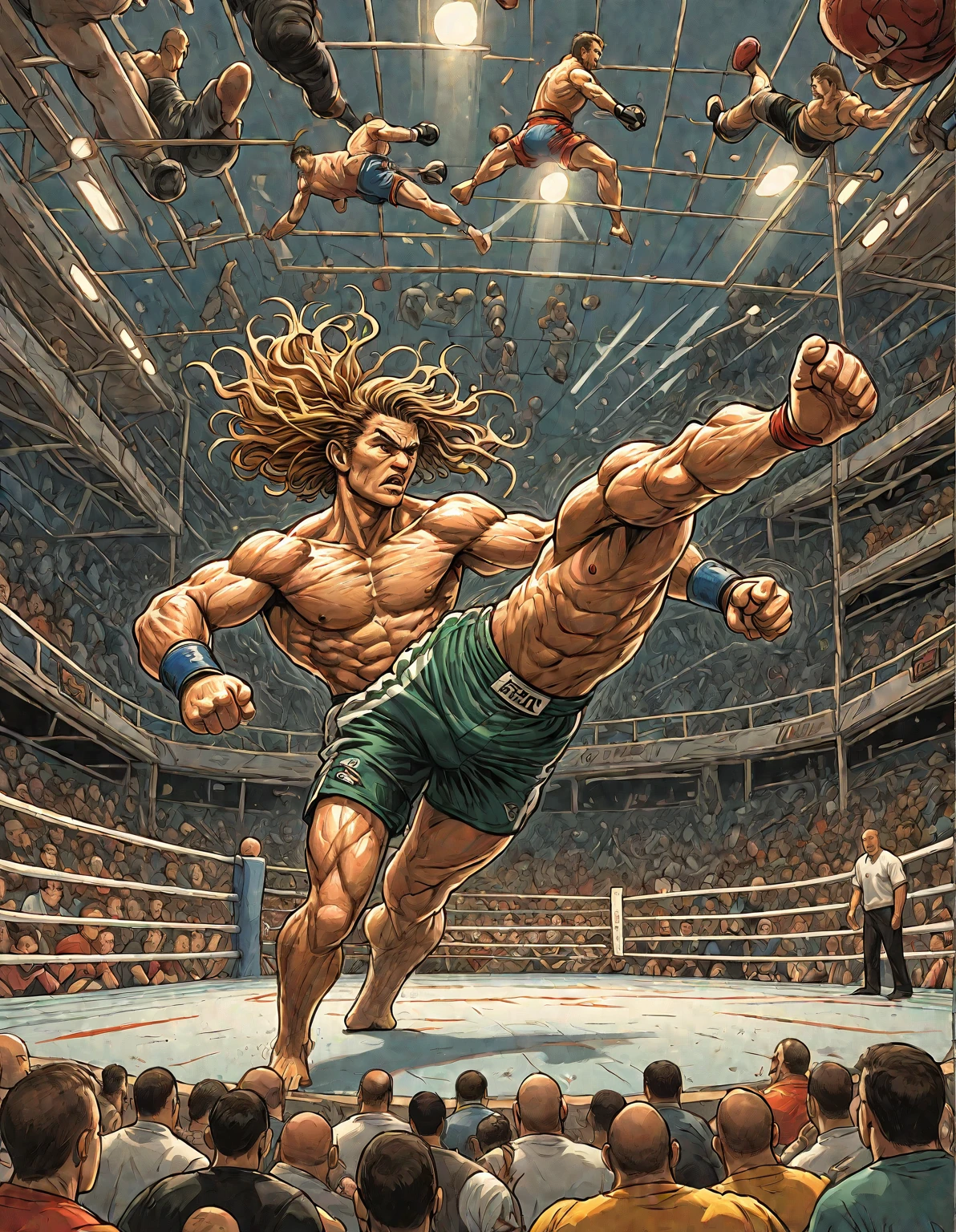 [(wordless) "sports action shot, Olympic MMA illustration, warm 1990's animation coloring, crowded arena, anticipation, moment of kick impact, dynamic detailed drawing, hatching, and perspective. foreshortening. illusion of depth and perspective by distorting the proportions,