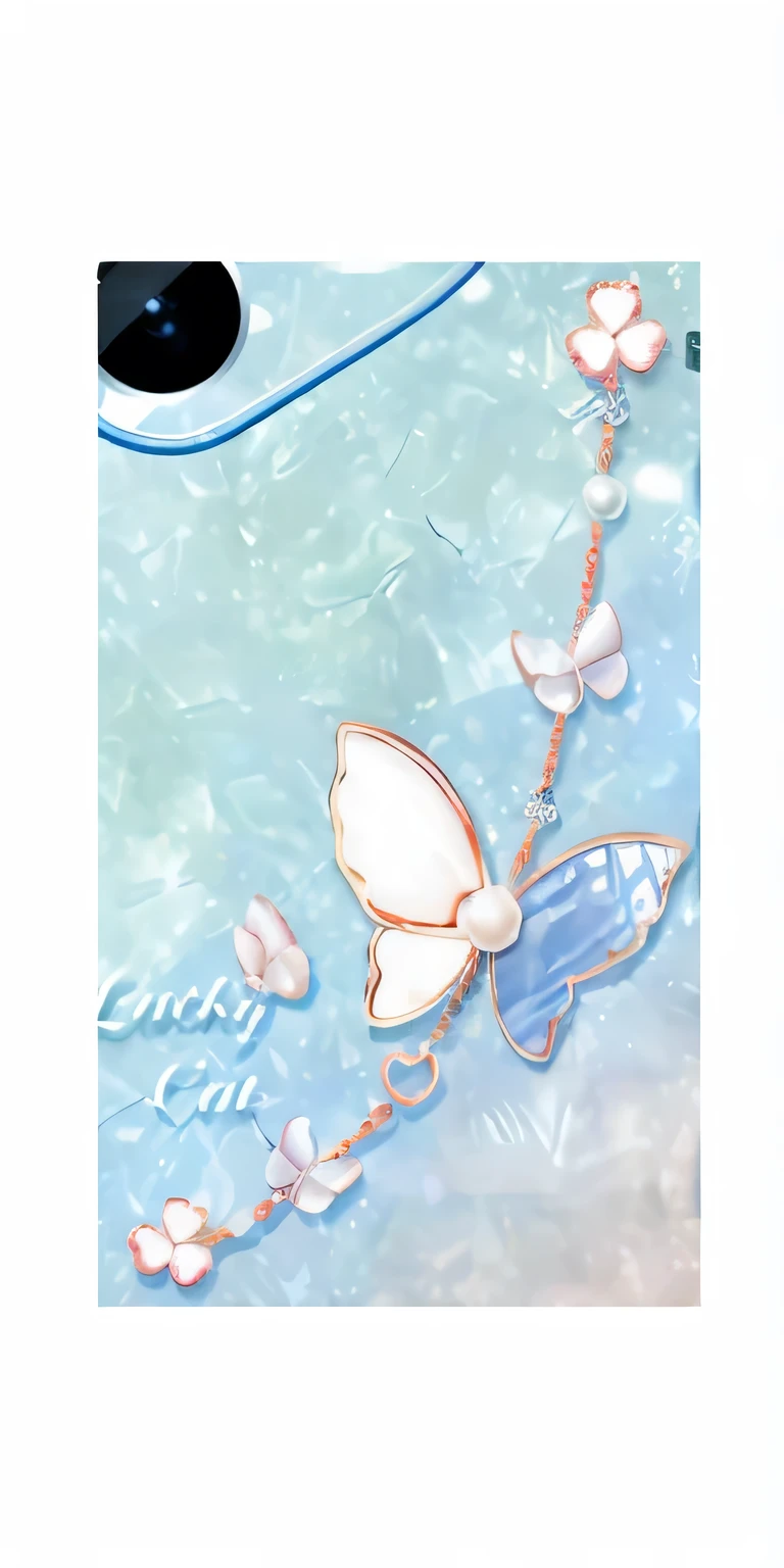 there is a picture of a Butterfly necklace with a Butterfly charm, Butterfly jewelry, sapphire Butterfly jewellery, Mother of Pearl Jewelry, lucy in the sky with diamonds, Butterfly, harmony of Butterfly, Full card design, Luxury Journal Cover, tiffany style, front of trading card, romance book cover, Aesthetically cute and elegant, close up, Sober