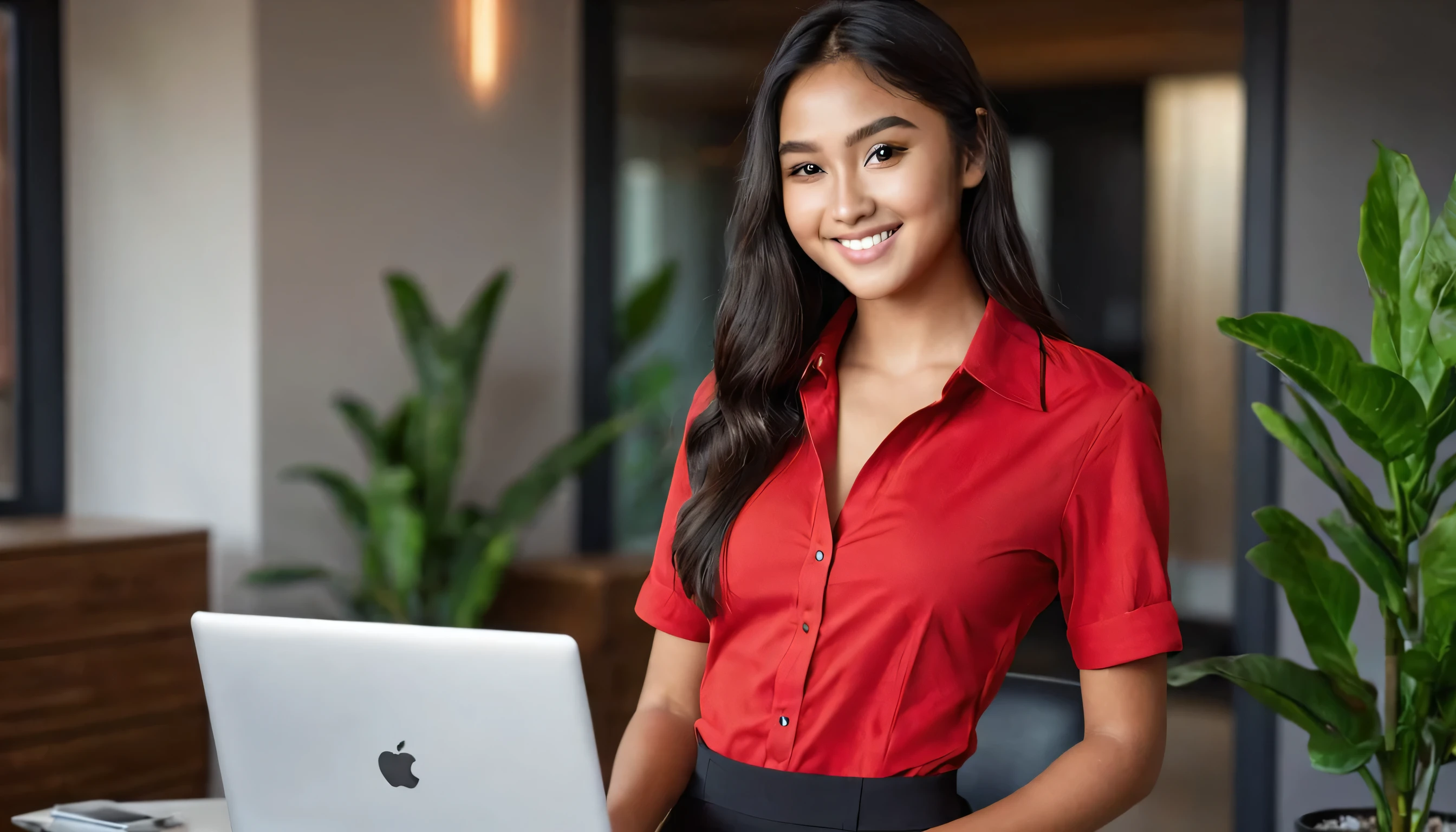 Raiana Eliza Dilla, an 18-year-old (Indonesian:0.5)-(Spanish:1.5) girl, full smile, Long flowing Black Hair, Brown Eyes, Almond shaped Eyes, Heart shaped Face, Roman Nose, Olive Skin, detailed skin, no makeup, natural look, (blemish:0.8), imperfect skin, long legs, (tall figure:1.5), (athletic fit-muscled body:1.5), defined abs, large breasts, cleavage breasts, (1girl:1.9), (18-year-old:1.9), (red business shirt-dress:1.9), cinematic shot in 8k HDR, emphasizing elegance and professionalism, walking confidently in her office, a modern office, red walls, office desk, office chair, laptop, computer, monitor, potted plant, minimalist, clean, simple, sunlight, window, warm lighting, professional, (best quality,4k,8k,highres,masterpiece:1.2),ultra-detailed,(realistic,photorealistic,photo-realistic:1.37),portrait,fantasy,dramatic lighting.