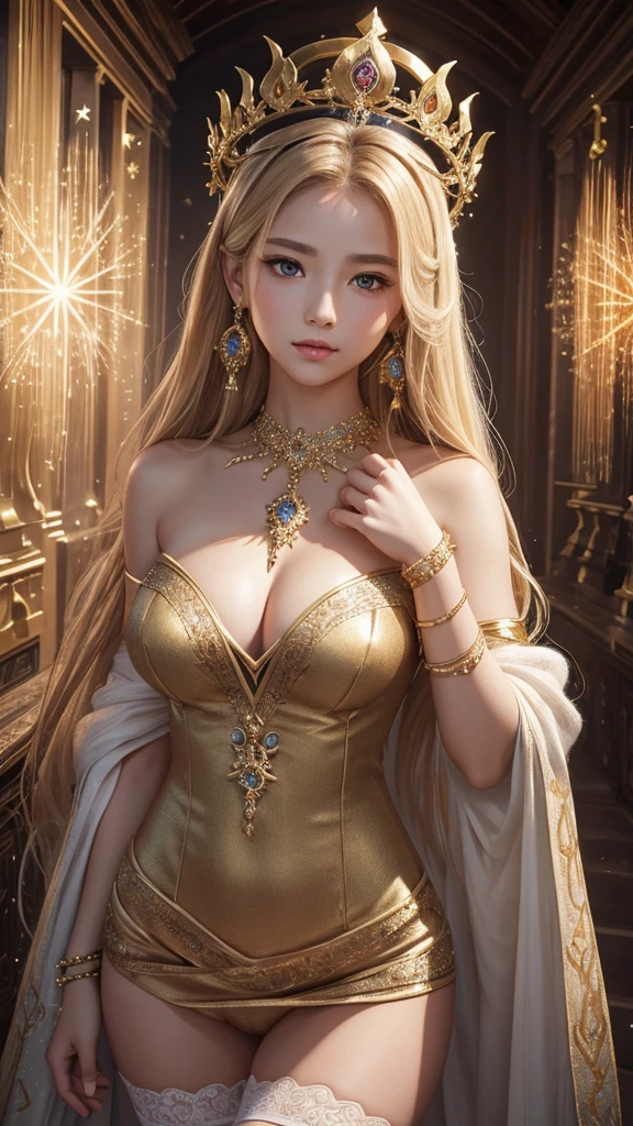 The goddess who rules the seasons is exerting her power in a mysterious space where the four seasons exist at the same time. Her dress is made of symbols of the four seasons, and she has a crown of stars on her head. 8k , HD, highly detailed, realistic, photography, photo realism, --ar 9:16 -- at 6.0 --s 750,19 years old, alone, Long Hair, View your viewers, Blonde, Brown eyes, gem, whole body, Realistic, Sexy、Big Breasts 、stockings、clip on earrings,during,bracelet、embarrassed,blush,teache、