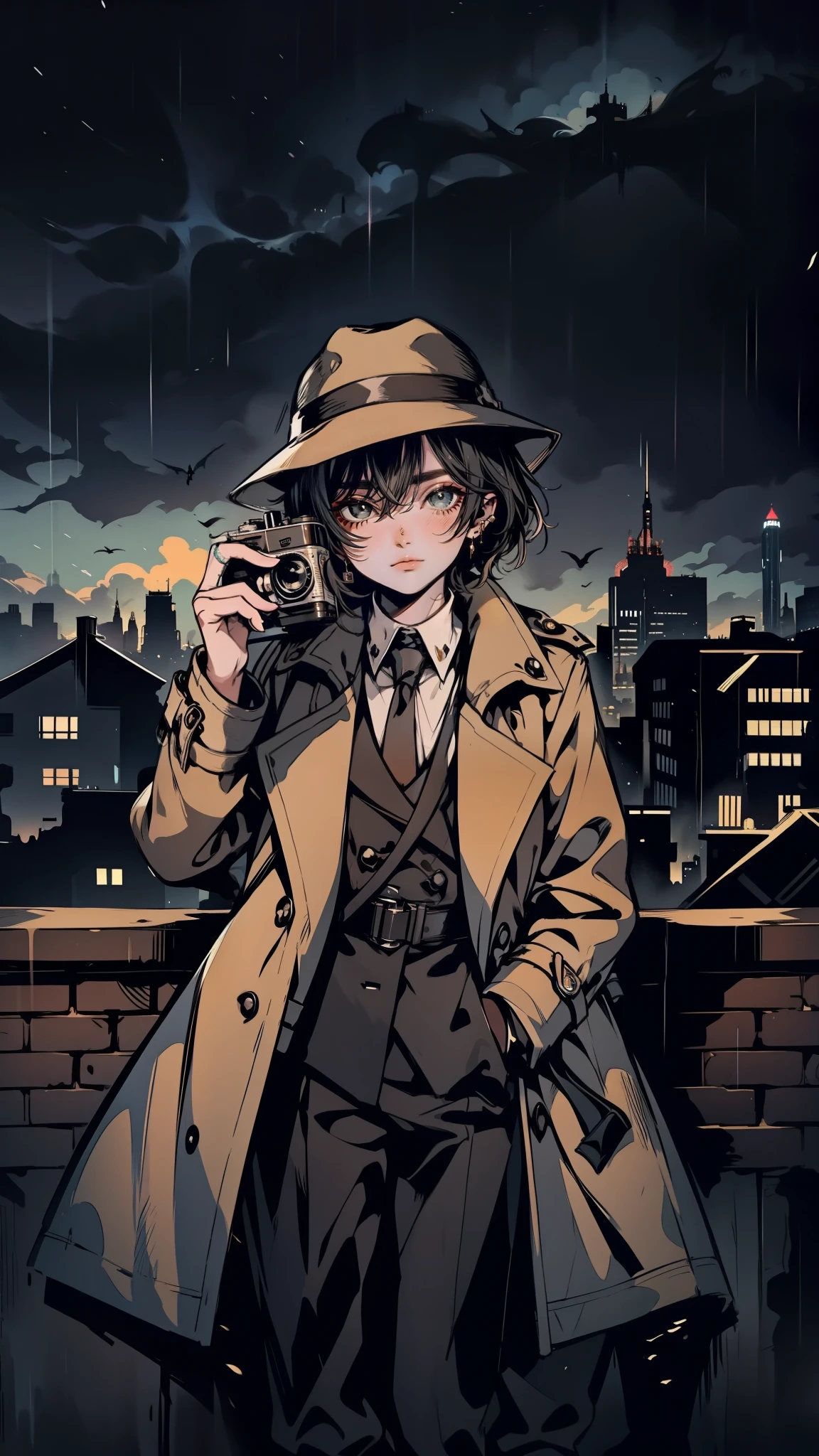 A solo teenager, dressed in a classic detective trench coat, stands on the rooftop of a kyokai building. The night sky envelops them, and they hold an antique film camera, capturing the city’s secrets. The camera’s flash illuminates their determined expression. Cinematic noir, shadows dancing, rain-slicked rooftop, fantasy world, dark background, clean design, epic, artstation, colorful paint splatter, silhouette, hyper detailed intricate details, unreal engine, fantasy, splash screen, complementary colors, deviantart masterpiece, oil painting, heavy strokes, paint dripping, indifferent expression