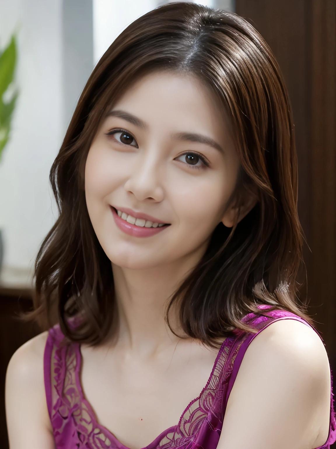 (Raw Photo), (Photorealsitic), (Masterpiece), (Best Quality), High Resolution, 8K, (Intricate Details), (Voluminous Light), Portrait, Female, (50 Years Old), Medium Straight Hair, layered hair, brown hair, very fine eyes, source order, very fine eyebrows, very fine skin, very fine mouth, very fine nose, cute like an idol, happy smile, (thick lips), (looking at the viewer), (Elegant Transparency Magenta Short Sleeve dress), waist shot, (Random body orientation),