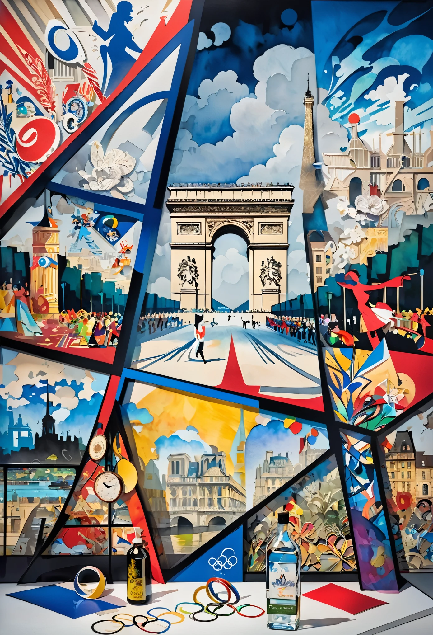 Olympic games images, ring of five, elements of Paris, France, conceptual installation pop art, 2.5D, delicate and dynamic, fusion of watercolors and oil paintings, fusion of paper cutting and shadow puppetry, foggy filter effects, contrast magic effects