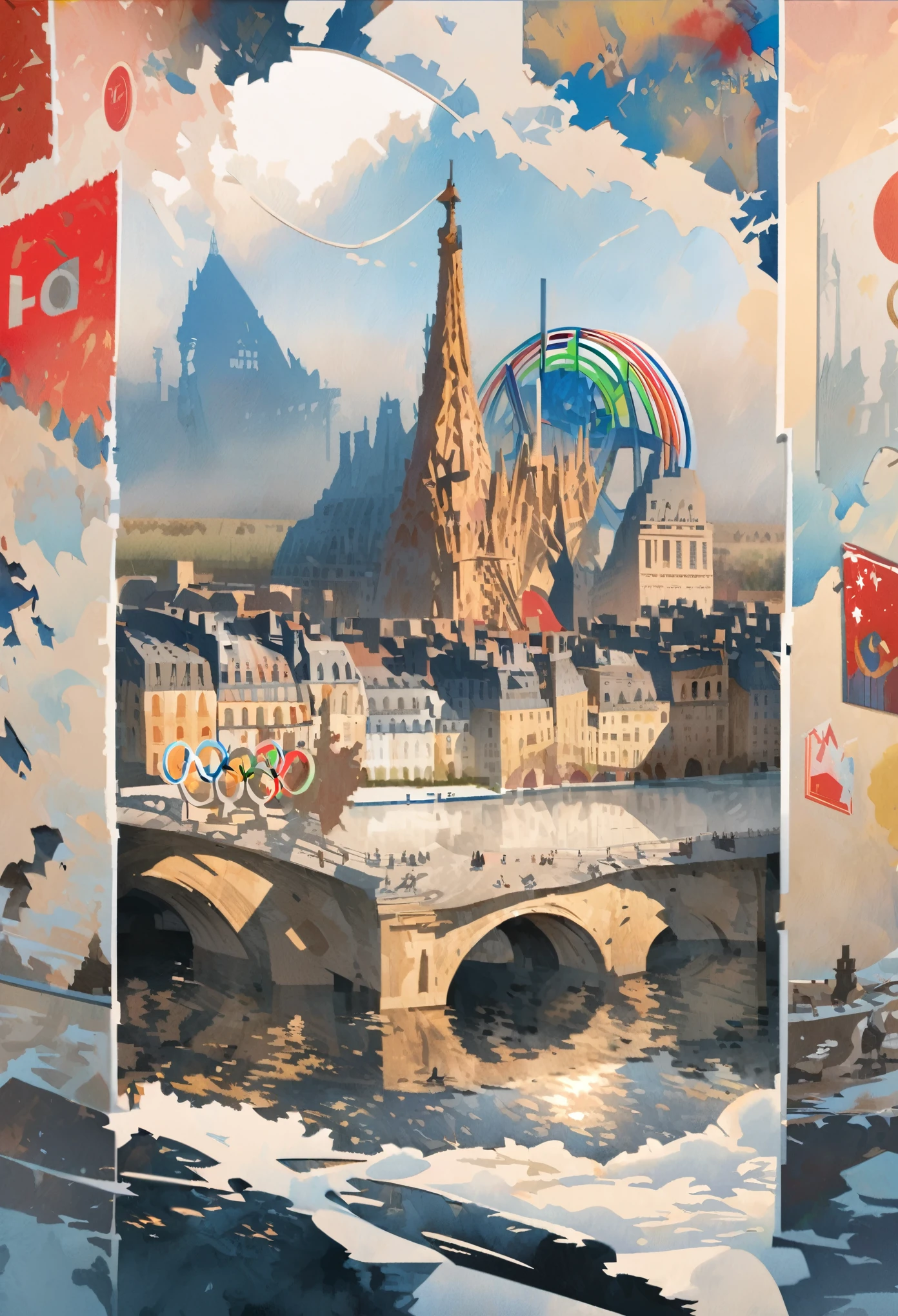 Olympic games images, ring of five, elements of Paris, France, conceptual installation pop art, 2.5D, delicate and dynamic, fusion of watercolors and oil paintings, fusion of paper cutting and shadow puppetry, foggy filter effects, contrast magic effects
