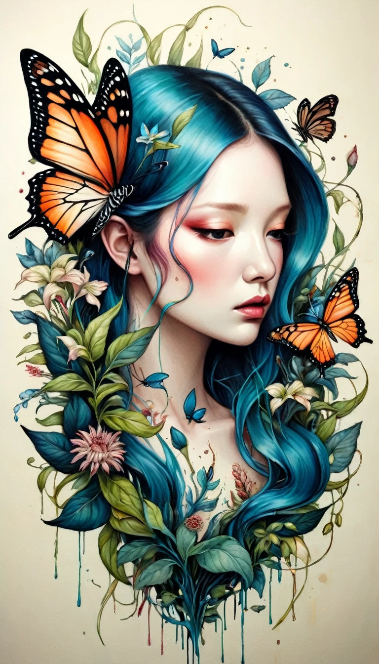 Colored lead painting simple illustration：Inspired by Marco Mazzoni,Bird in agony portrait、Butterfly、Plants and flowers。