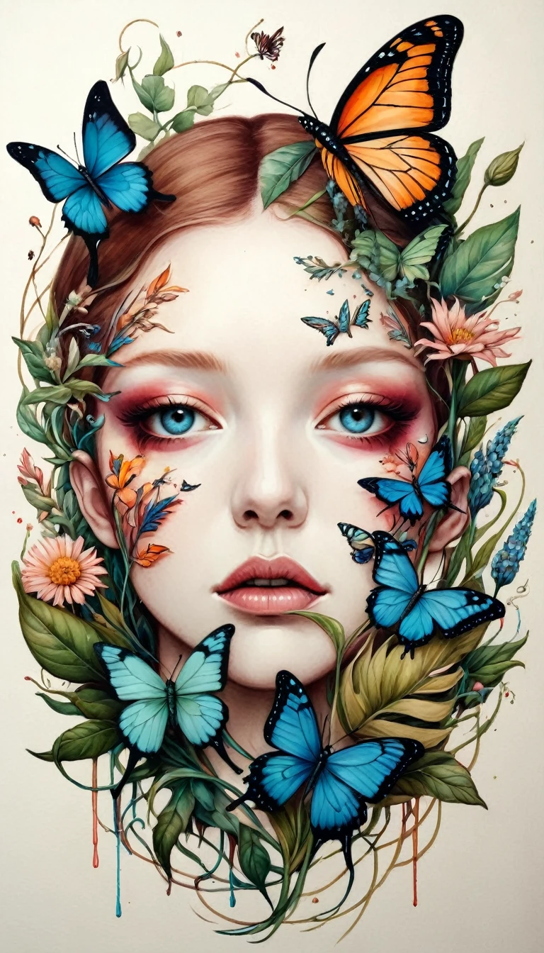Colored lead painting simple illustration:Inspired by Marco Mazzoni,Bird in agony portrait、Butterfly、Plants and flowers。