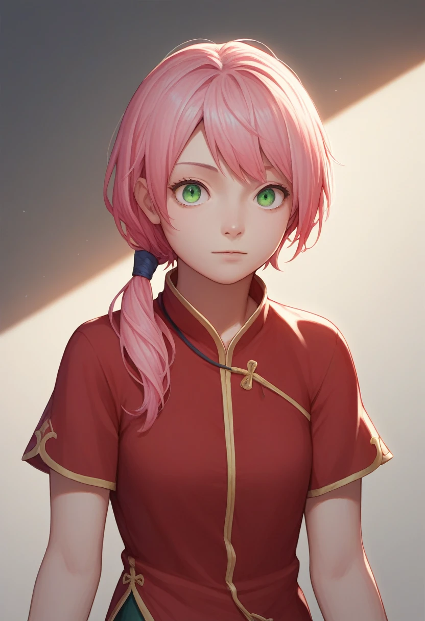 A beautiful girl with long pink hair, green eyes, wearing a red shirt and a red cheongsam dress, half-sleeves, surrounded by colorful splashes of paint, anime style, extremely detailed face and eyes, photorealistic, 8k, hyper detailed, vivid colors, professional lighting, masterpiece, digital art