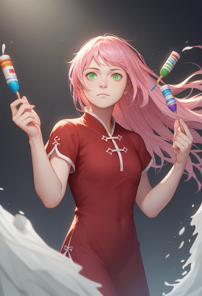 A beautiful girl with long pink hair, green eyes, wearing a red shirt and a red cheongsam dress, half-sleeves, surrounded by colorful splashes of paint, anime style, extremely detailed face and eyes, photorealistic, 8k, hyper detailed, vivid colors, professional lighting, masterpiece, digital art