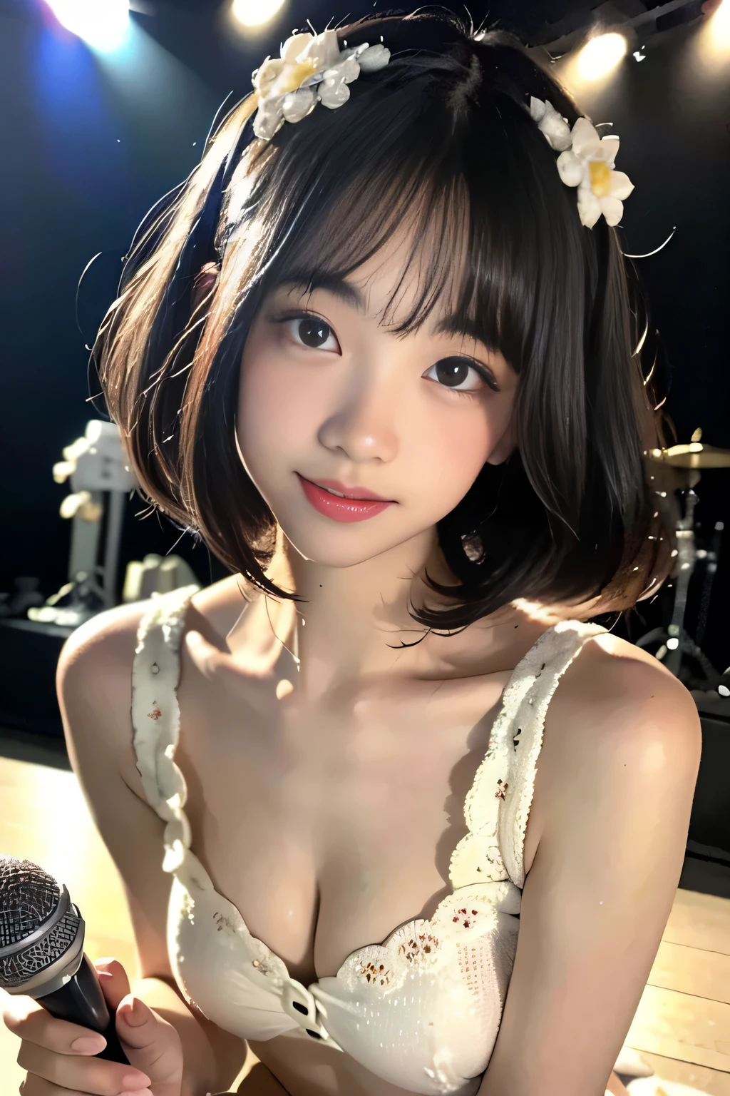 (masterpiece,best quality:1.4),(absurdres:1.3),((8k)),((super resolution:1.4)),(raw photo,photo realistic:1.2),(shiny skin),extremely detailed skin,detailed face,detailed eyes,sparkling eyes,Detailed hand,Detailed Hair,Detailed Background,Symmetrical eyes,Beautiful costume coloring,((AKB stage flutter costumes)),,(detail stage costumes,Rakuten market, TEMU,online shopping, design),((Detailed holding microphone,Tokyo Dome, Yokohama Arena Concert,stage)),No cleavage,,young,1 girl,cowboy shot,Japanese idol,extremely beautiful face,brown hair,Hair ornament, fair-skinned ,random hairstyle, pretty girl singing,Professional,nsfw,,crouch,Front view from below:1.3,,show lace Panties ,squat