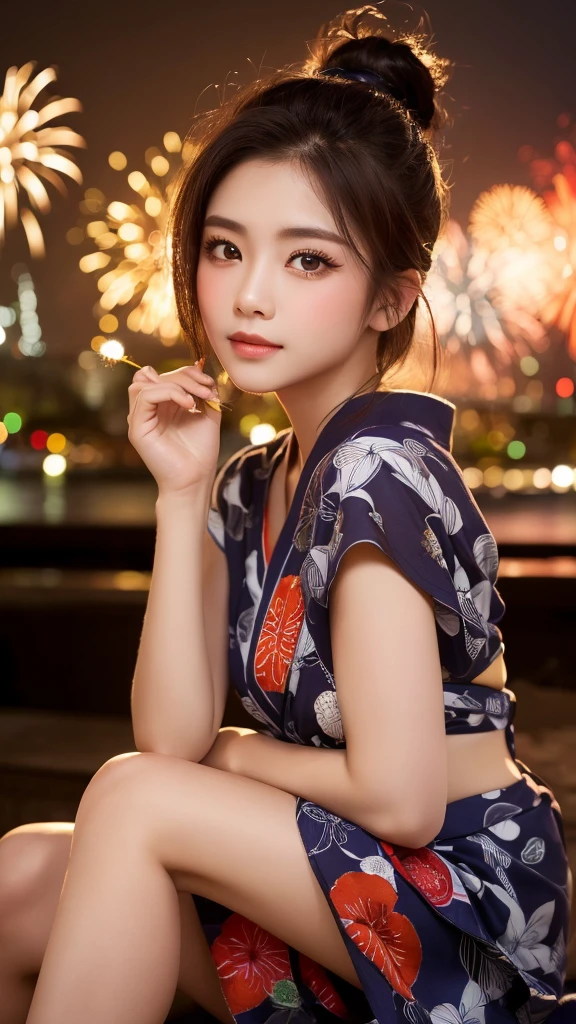 (Highest quality, 8k, masterpiece: 1.3),double eyelid Fine grain Highly detailed face and skin Beautiful legs Fireworks display yukata