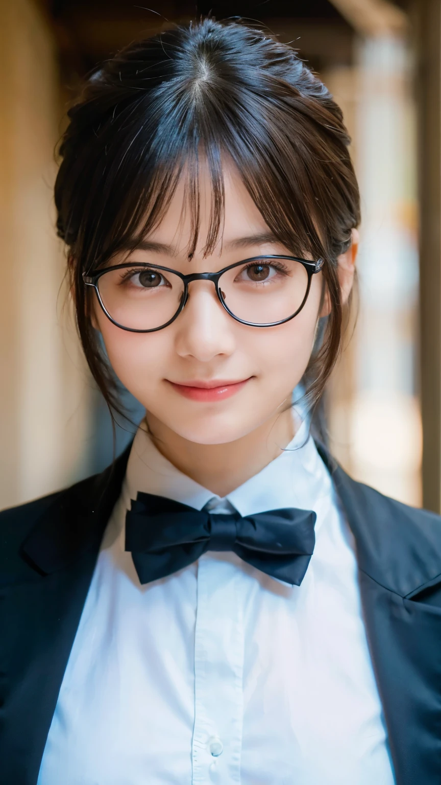 (Highest quality,masterpiece:1.3,Ultra-high resolution),(Very detailed,Caustics,8k),(Realistic:1.4,RAW shooting),A girl dressed as a butler,Japanese,boyish,smile,20-year-old,Short black hair,Glasses,Looking into the camera,Inside the Western-style building,Waist up shot,front,Face Focus,Face close-up,(Warm Light),Professional Writing