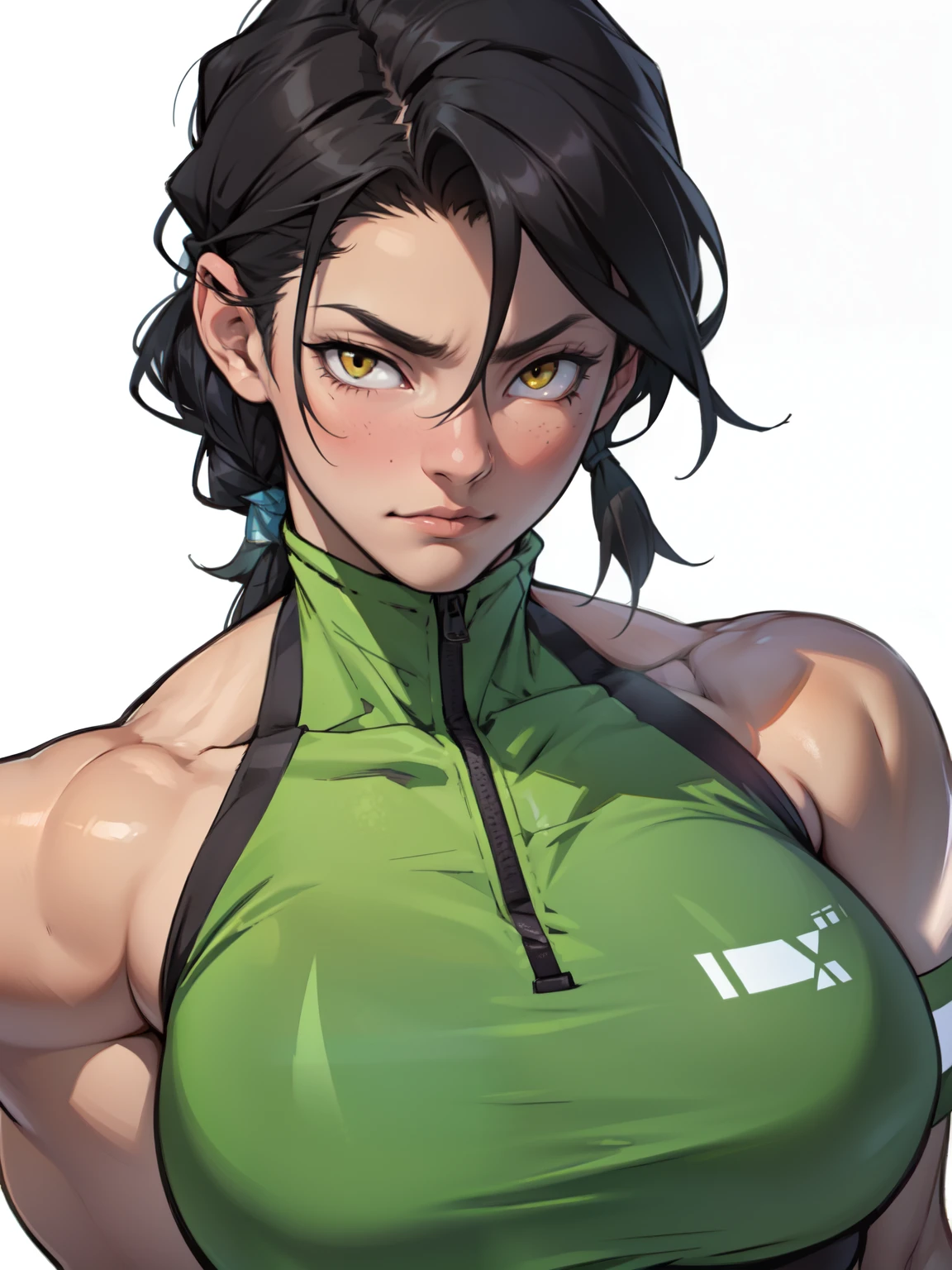 perfect anatomy muscular girl big breasts empty eyes embarrassed black hair yellow eyes pale skin