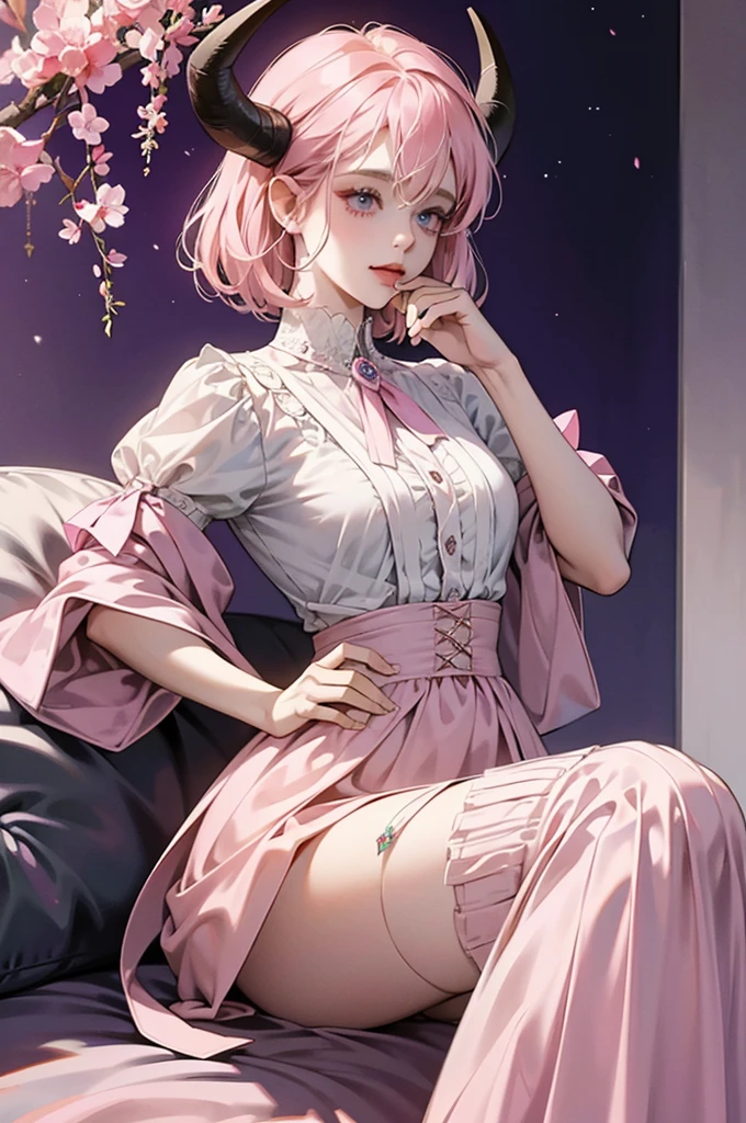 butler outfit, short pink hair, hypdertailed, purples eyes, ashen skin, demon, claws, goat horns, bangss, gothic art, full body shot shot, elegant pose, ssmile, Romanticism, work of art, anatomically correcte, high qualiy, super detaill, best qualityer, 4K, 8k, Perfect Woman, the most beautiful woman, her face has to be symmetrical and beautiful, baby pink hair