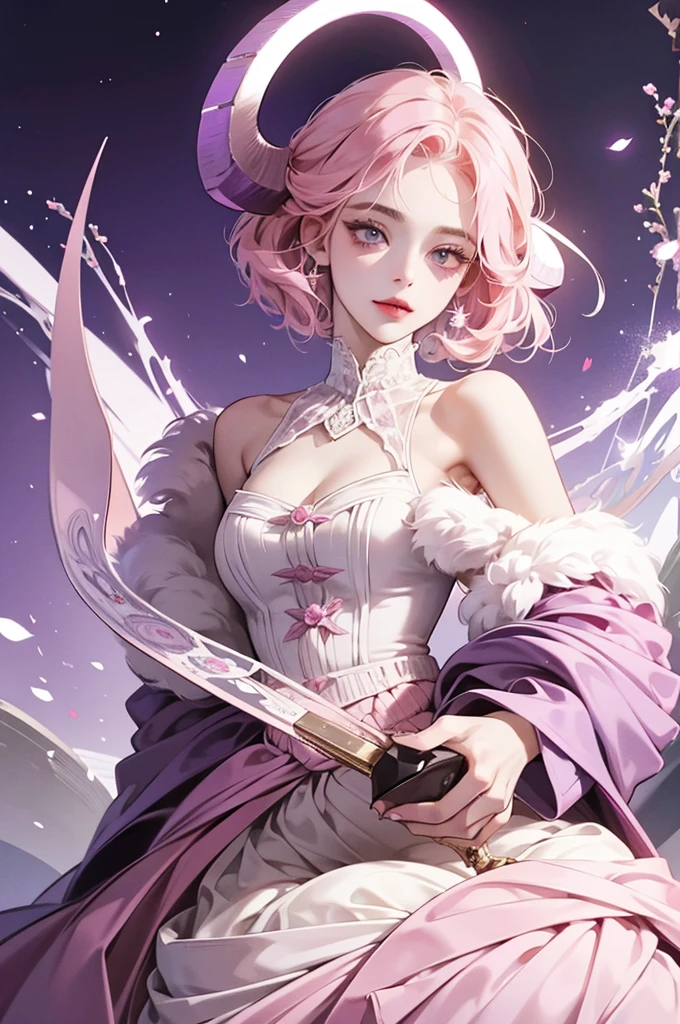 butler outfit, short pink hair, hypdertailed, purples eyes, ashen skin, demon, claws, goat horns, bangss, gothic art, full body shot shot, elegant pose, ssmile, Romanticism, work of art, anatomically correcte, high qualiy, super detaill, best qualityer, 4K, 8k, Perfect Woman, the most beautiful woman, her face has to be symmetrical and beautiful, baby pink hair