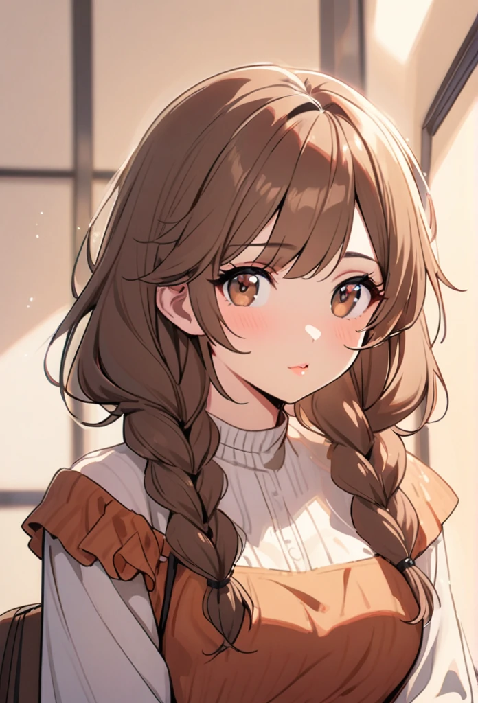 Gỉtl, beautiful, cute, brown hair, brown eyes, double plait hair, long hair, Solo, mature