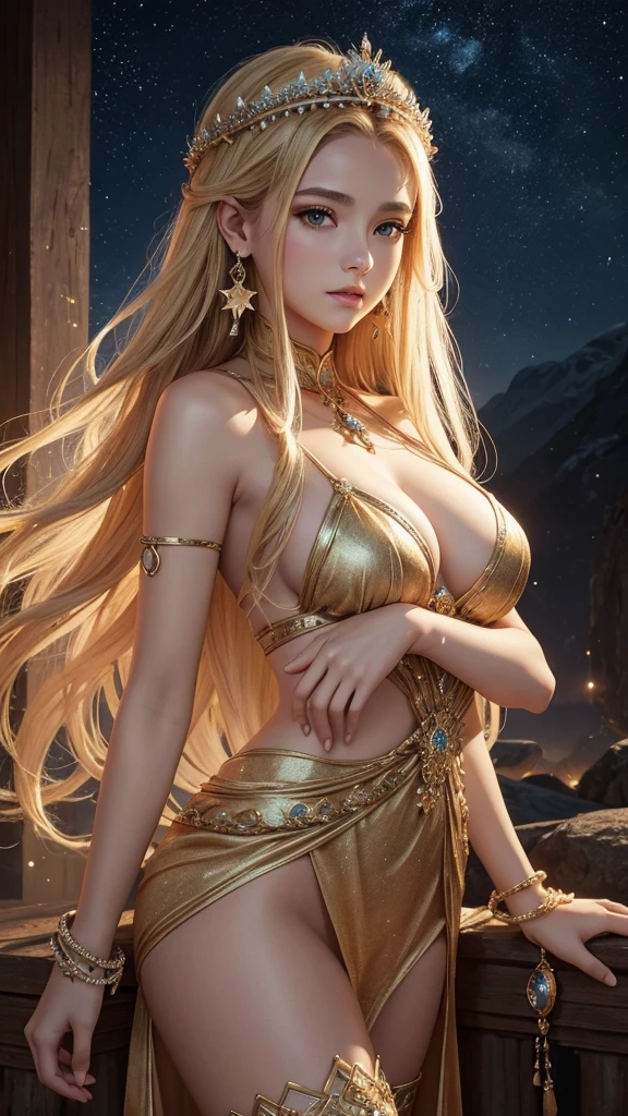 The goddess who rules the seasons is exerting her power in a mysterious space where the four seasons exist at the same time. Her dress is made of symbols of the four seasons, and she has a crown of stars on her head. 8k , HD, highly detailed, realistic, photography, photo realism, --ar 9:16 -- at 6.0 --s 750,19 years old, alone, Long Hair, View your viewers, Blonde, Brown eyes, gem, whole body, Realistic, Sexy、Big Breasts 、stockings、clip on earrings,during,bracelet、embarrassed,blush,teache、