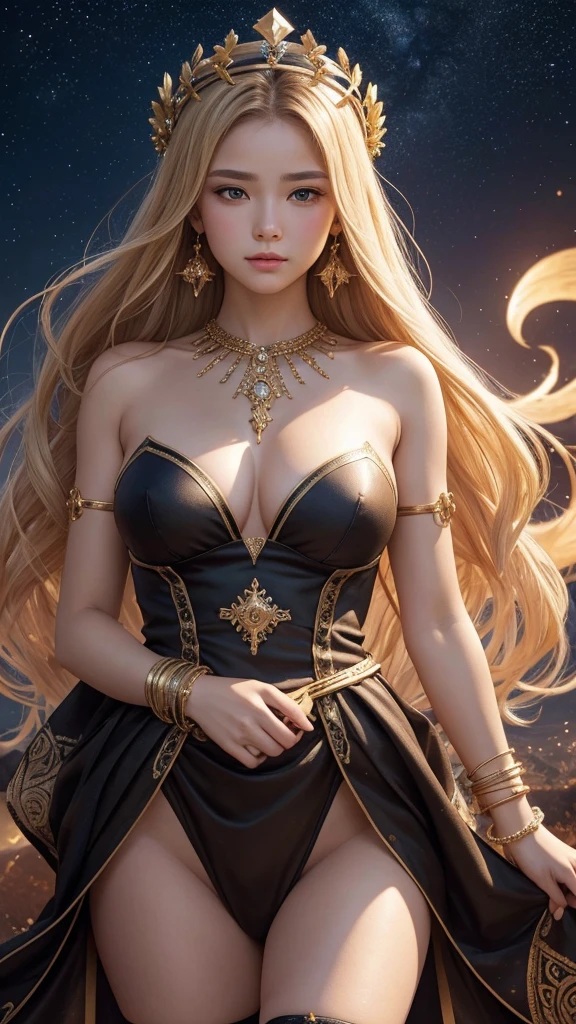 The goddess who rules the seasons is exerting her power in a mysterious space where the four seasons exist at the same time. Her dress is made of symbols of the four seasons, and she has a crown of stars on her head. 8k , HD, highly detailed, realistic, photography, photo realism, --ar 9:16 -- at 6.0 --s 750,19 years old, alone, Long Hair, View your viewers, Blonde, Brown eyes, gem, whole body, Realistic, Sexy、Big Breasts 、stockings、clip on earrings,during,bracelet、embarrassed,blush,teache、
