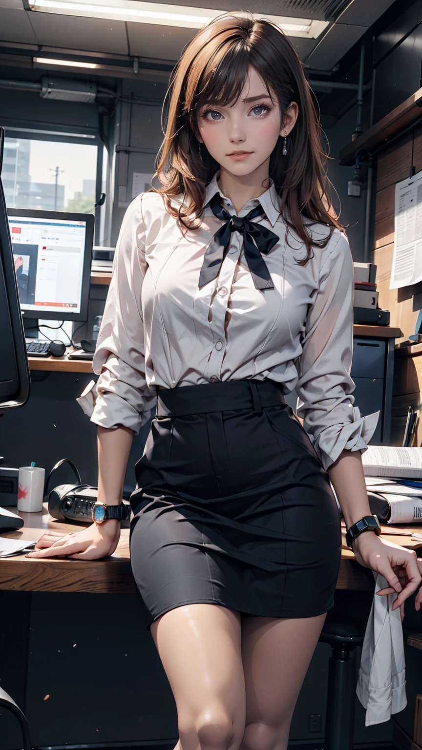 Career woman-style Japanese woman、Stylish office casual。White blouse with navy skirt、Pumps with heels、Wear a watch、Modern office in the background