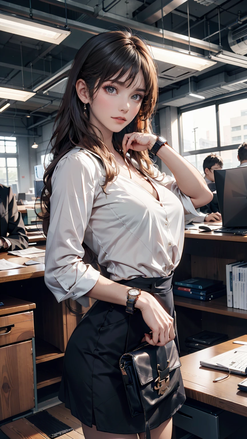 Career woman-style Japanese woman、Stylish office casual。White blouse with navy skirt、Pumps with heels、Wear a watch、Modern office in the background