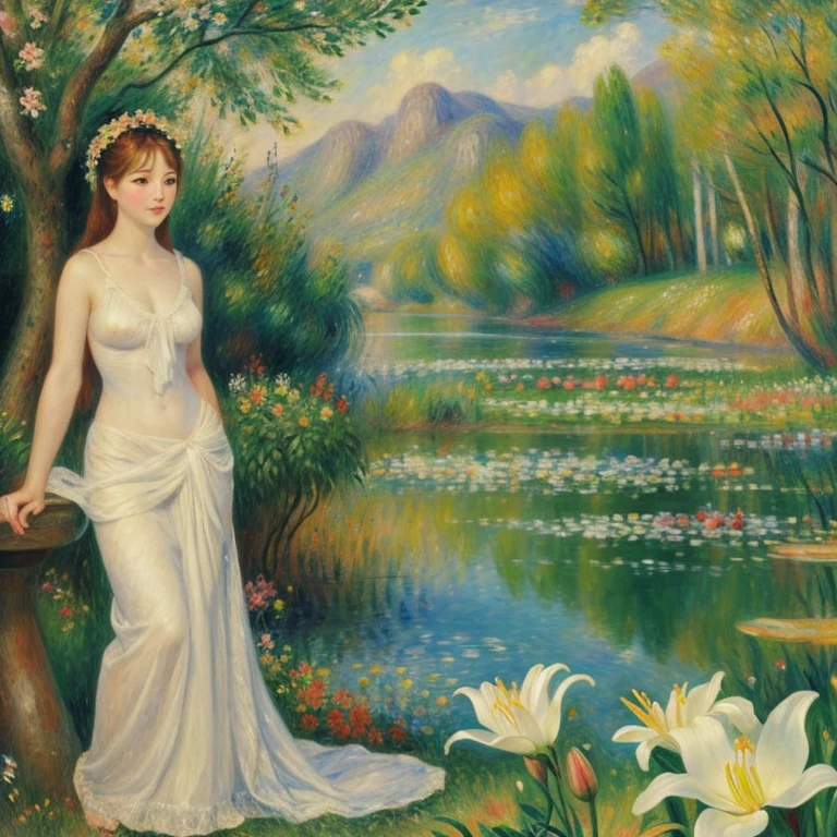 Adam and Eve in a classical and primitive form, painted in Renoir-esque style。In the background is a grassland filled with mountain lilies.。Standing facing each other。Emphasis on elements of impressionism。