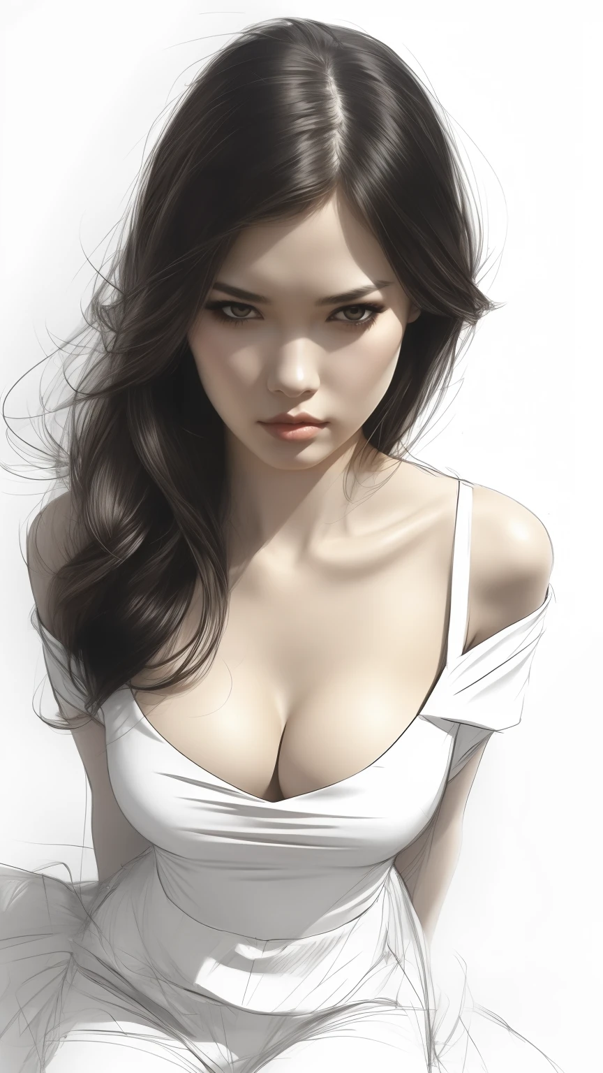 Beautiful girl, (annoyed expression:1.2), bare shoulder, off-shoulder, black hair, (tight cleavage:1.5), (small breast:1.2), (masterpiece, best quality:1.2), (grayscale:0.5), (unfinished sketch:1.5), (from above:1.3), (simple white background)