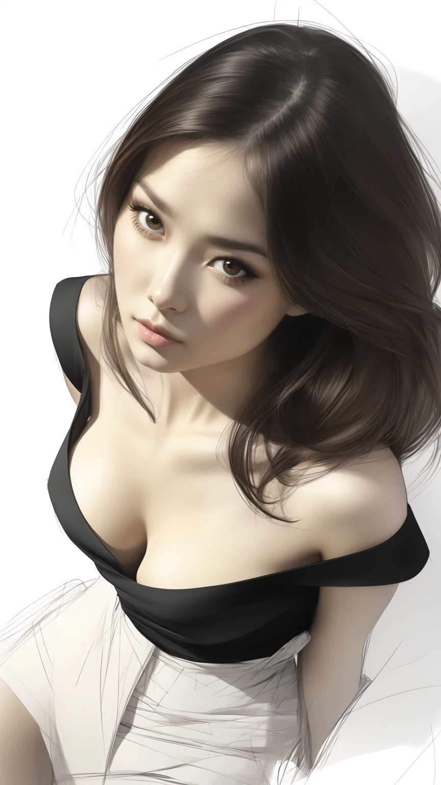 Beautiful girl, (annoyed expression:1.2), bare shoulder, off-shoulder, black hair, (tight cleavage:1.5), (small breast:1.2), (masterpiece, best quality:1.2), (grayscale:0.5), (unfinished sketch:1.5), (from above:1.3), (simple white background)